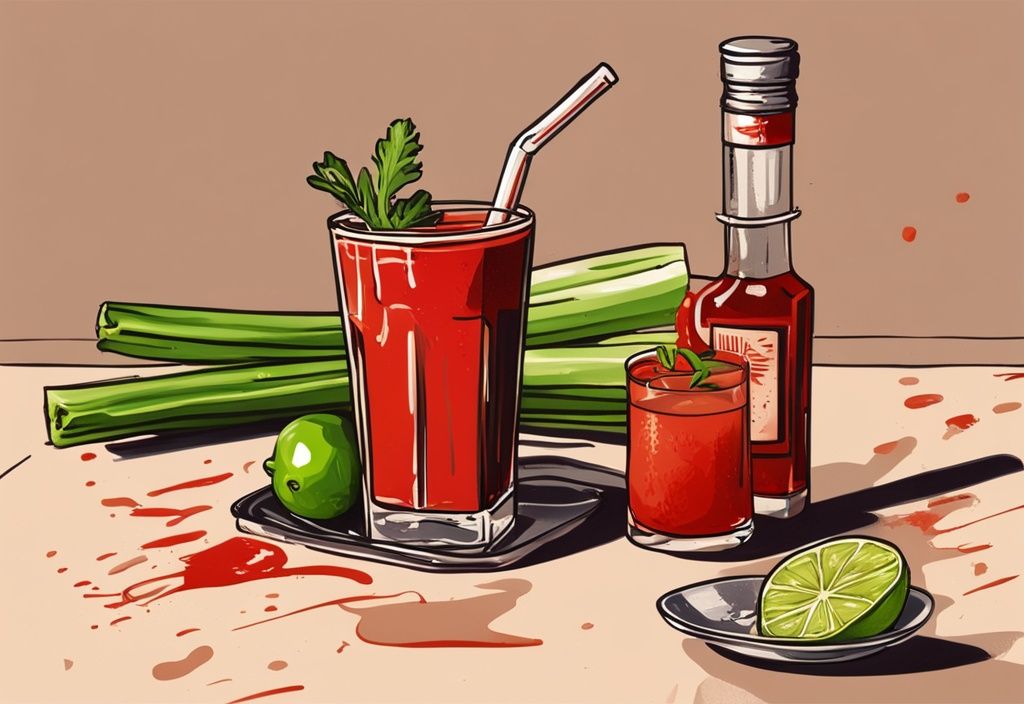 Vintage digitale Malerei einer Bloody Mary mit Gin, verziert mit Selleriestange und Limettenstück, auf einem Tisch im Freien neben einer Flasche Gin und Tomatensaft, goldene Farbtöne.