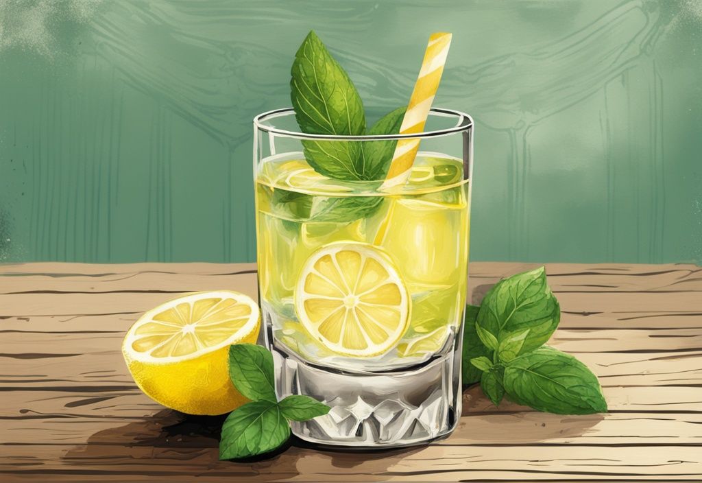 Vintage-Digitalgemälde mit goldener Farbgebung: Kristallgeschnittenes Gin-Glas auf rustikalem Holztisch, gefüllt mit einer lebendigen Mischung aus Gin und Limoncello, garniert mit einer zarten Zitronenschale und frischer Minze.