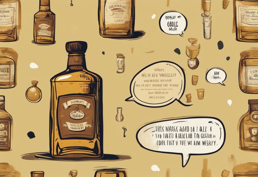 Vintage digitale Malerei Illustration in Goldtönen mit einer humorvollen Karikatur einer Whiskyflasche und eines Glases, beide mit witzigen Zitaten über Whisky in Sprechblasen.
