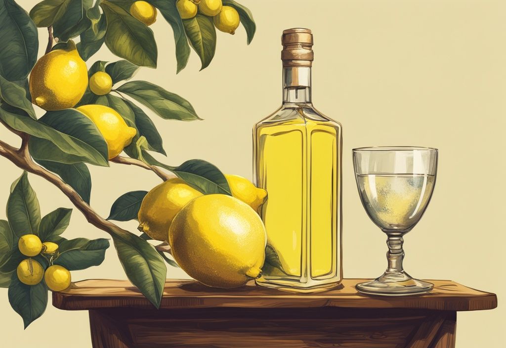Vintage-Digitalgemälde mit goldenen Farbtönen: Limoncello- und Gin-Flasche, zwei gefüllte Gläser im Vordergrund, lebendiger Zitronenbaum im Hintergrund.