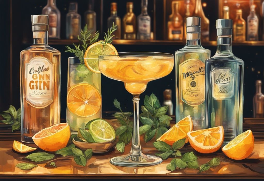 Vintage-Digitalgemälde mit goldenen Farbtönen, zeigt eine Auswahl bunter Cocktails mit Gin, garniert mit frischen Kräutern und Zitrusscheiben, auf einer polierten Bartheke.
