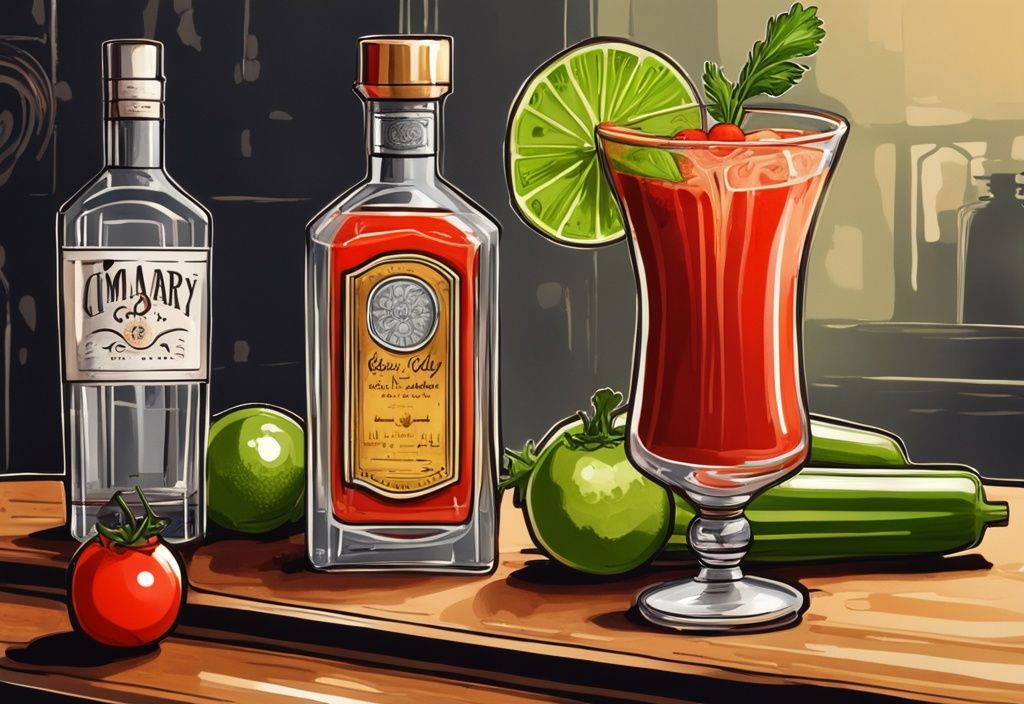 Vintage-Digitalgemälde einer eleganten Bloody Mary mit Gin in einem hohen Glas, garniert mit Selleriestange und Limettenscheibe, auf einer Holztheke mit Shaker, Ginflasche und einer Schüssel frisch gepresstem Tomatensaft im Hintergrund.