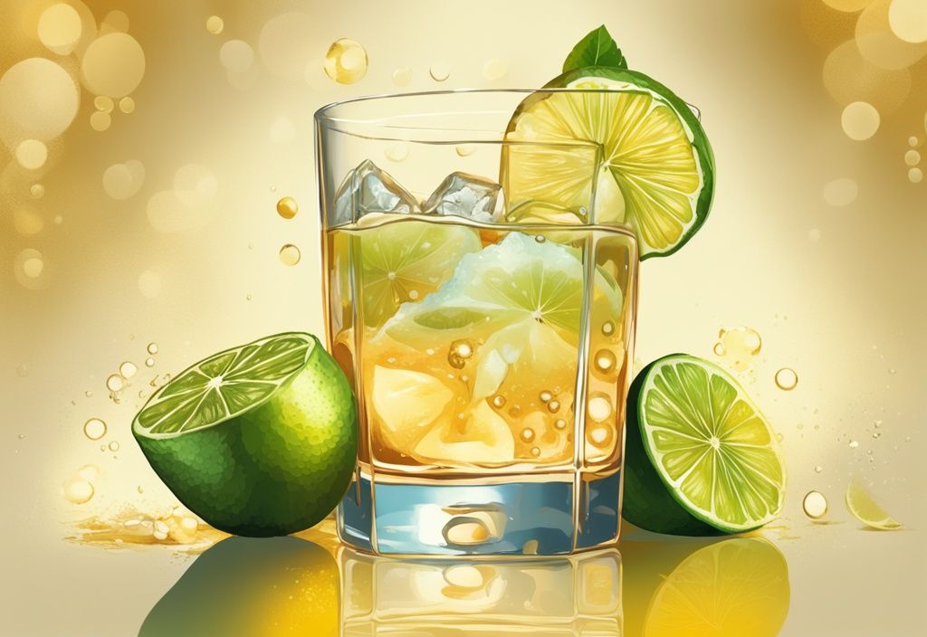 Vintage digitale Malerei mit einem Highball-Glas gefüllt mit Eis, Limettenscheiben und Gin Tonic, beleuchtet zur Betonung der Bläschen und Zitrusfarben, Hauptfarbe Gold.
