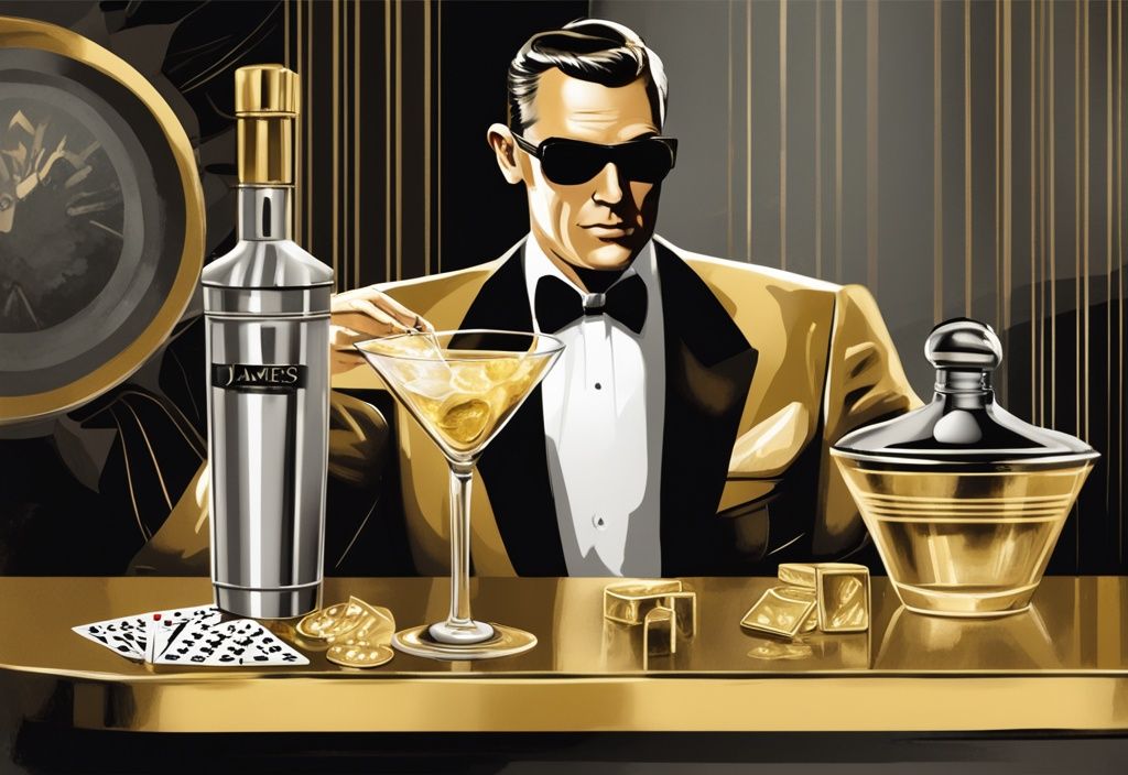 Vintage-Digitalmalerei in Goldtönen: Silberner Shaker gießt klassischen Wodka-Martini in elegantes Cocktailglas, Spielkarten-Deck und James Bond Figur im Hintergrund.