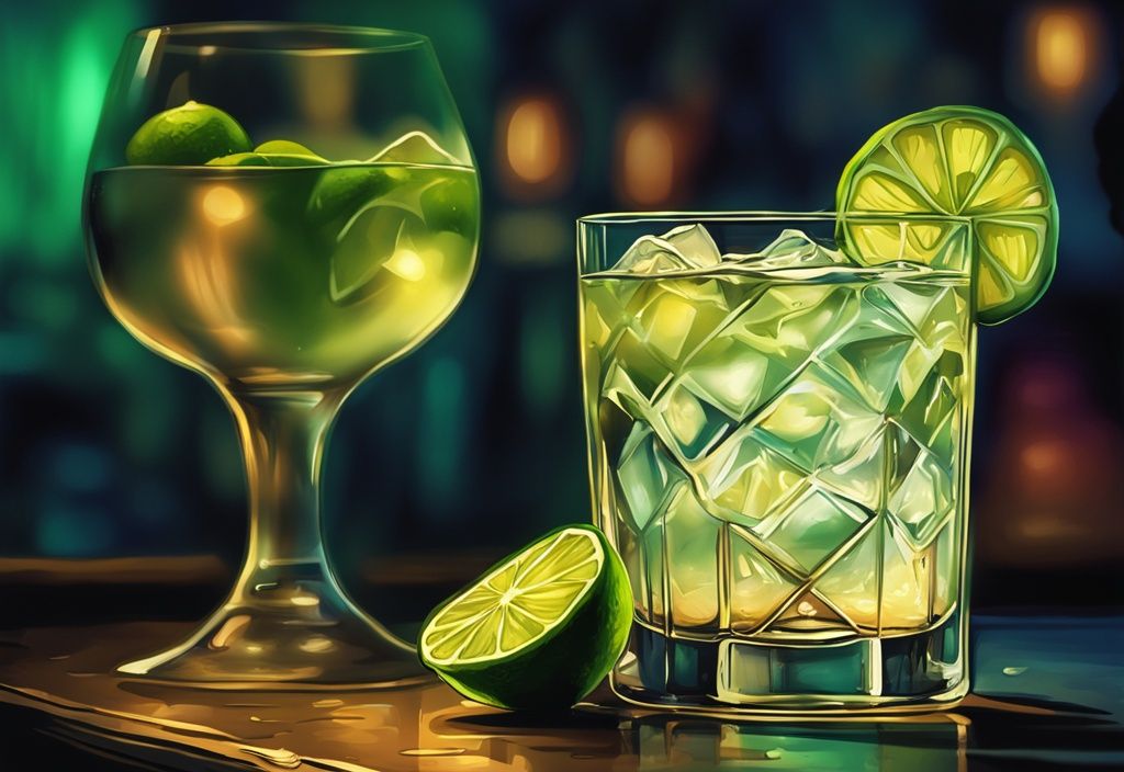 Vintage-Digitalgemälde eines Gin Tonic mit Limette in einem kristallklaren Glas, vor einem stimmungsvollen, schwach beleuchteten Barhintergrund.
