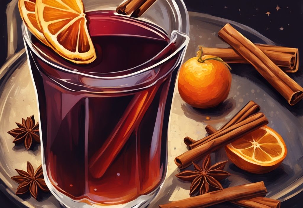 Nahaufnahme von heißem Glas Glühwein mit Rum für Glühwein, Zimtstangen, Sternanis und Orangenscheibe, im Hintergrund eine Flasche dunkler Rum.