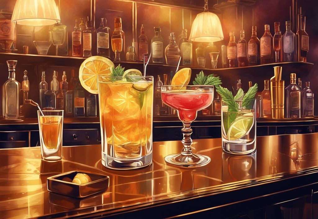 Vintage-Digitalgemälde von goldenen Cocktails mit Gin auf einer eleganten Bar, kunstvoll garniert und in gedämpftem Umgebungslicht.