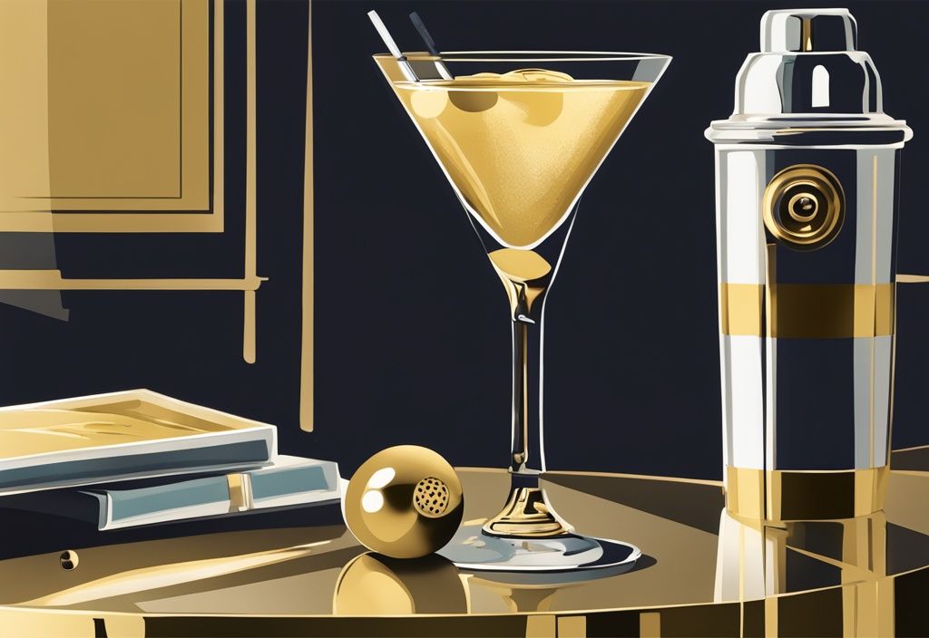 Vintage digitale Malerei mit Goldtönen, silberner Shaker im Einsatz, gekühltes Glas mit Vodka Martini und Olivenspieß, inspiriert vom Vodka Martini 007 Rezept.