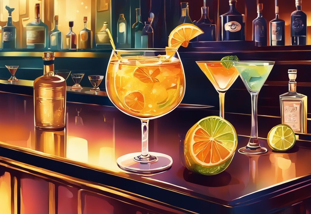 Vintage digitale Malerei von Cocktails mit Gin, elegant dekoriert auf einer Bar Theke mit goldenen Farbtönen und gedämpfter Beleuchtung im Hintergrund.