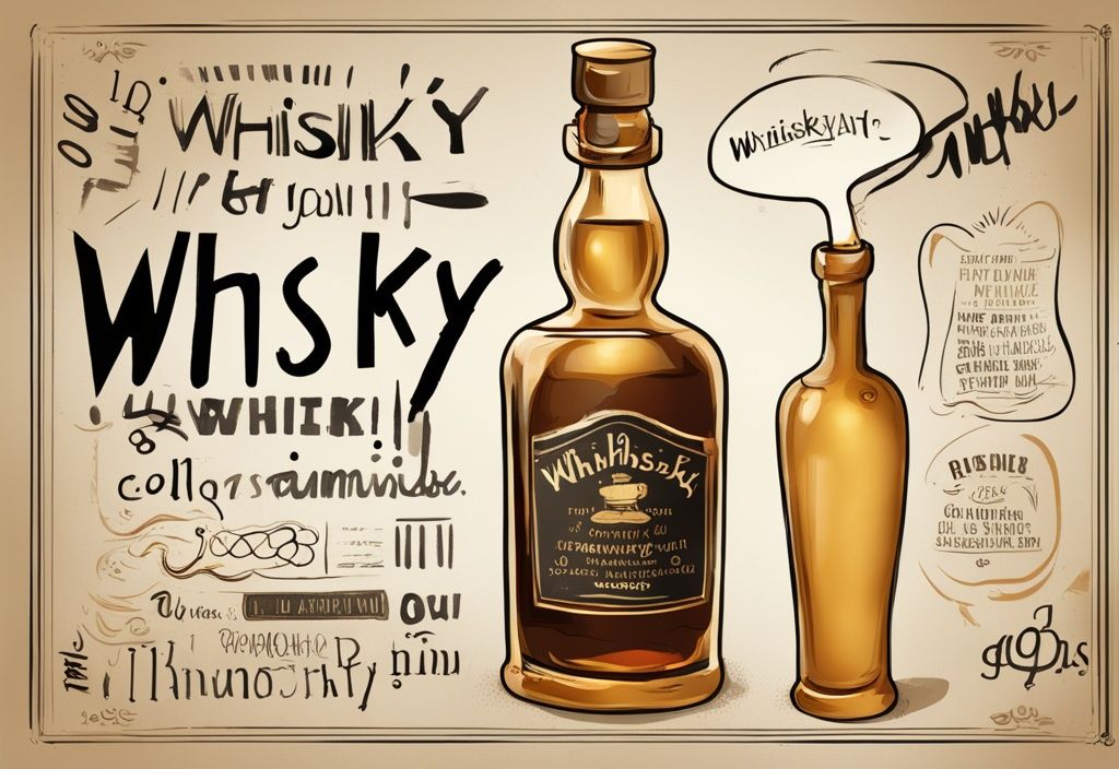 Vintage digitale Malerei mit goldener Farbgebung, humorvolle Karikatur einer Whiskyflasche und eines Glases mit witzigen Zitaten über Whisky in Sprechblasen.