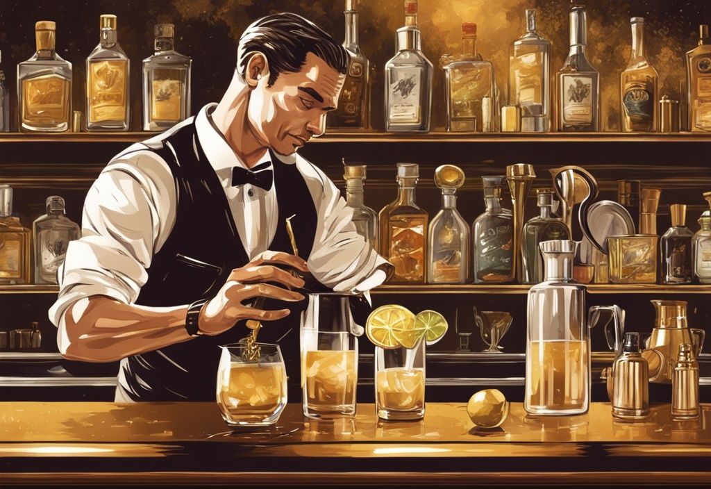 Vintage-Digitalgemälde-Illustration eines professionellen Barkeepers, der gekonnt Vodka mischen in einem Shaker, mit verschiedenen Cocktailzutaten und Garnierungen ordentlich auf der Theke angeordnet.