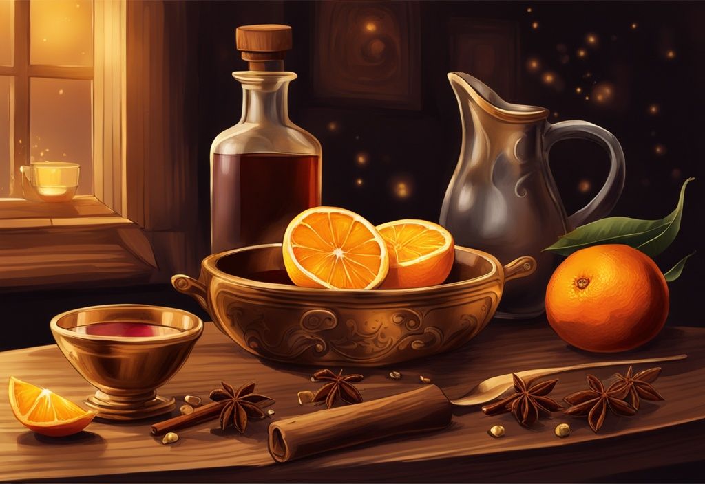 Vintage-Digitalbild mit goldenen Farbtönen: Dunkler Holztisch mit Rumflasche, Gewürzen wie Nelken und Zimt, Orangen und dampfendem Becher Glühwein.