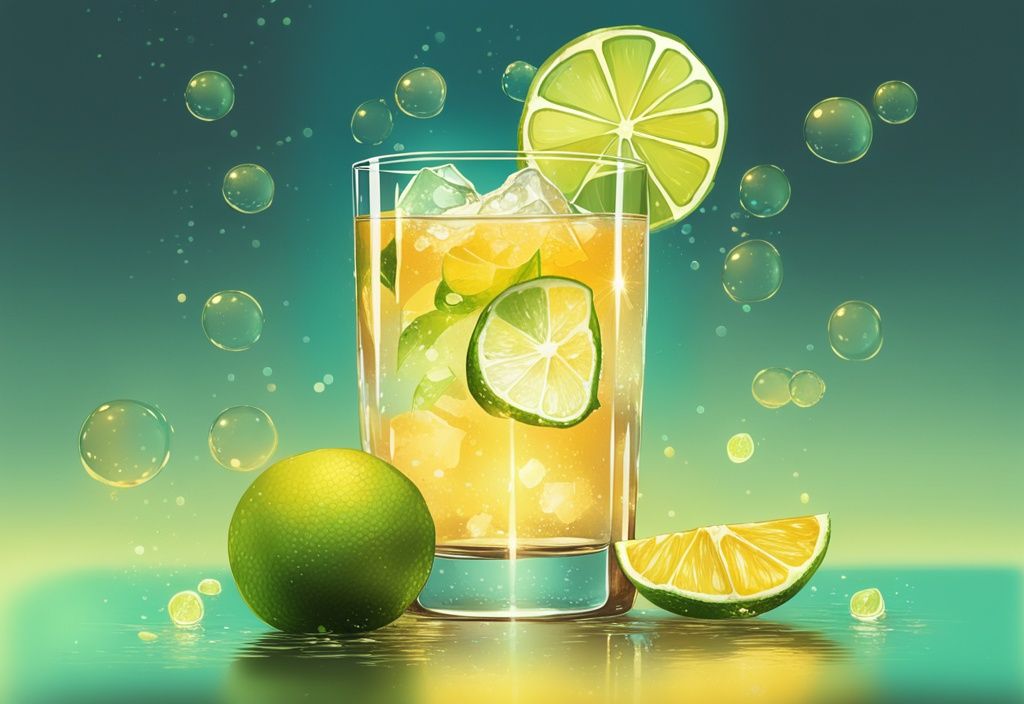 Vintage-Digitalgemälde mit einem goldfarbenen Thema, Highball-Glas gefüllt mit Eis, Limettenscheiben, Gin und Tonic, von hinten beleuchtet, um Blasen und Zitrusfarben hervorzuheben.