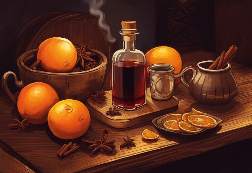 Vintage-Digitalgemälde mit goldenen Farbtönen: Dunkler Holztisch mit Rumflasche, Gewürzen wie Nelken und Zimt, Orangen und dampfender Tasse Glühwein.