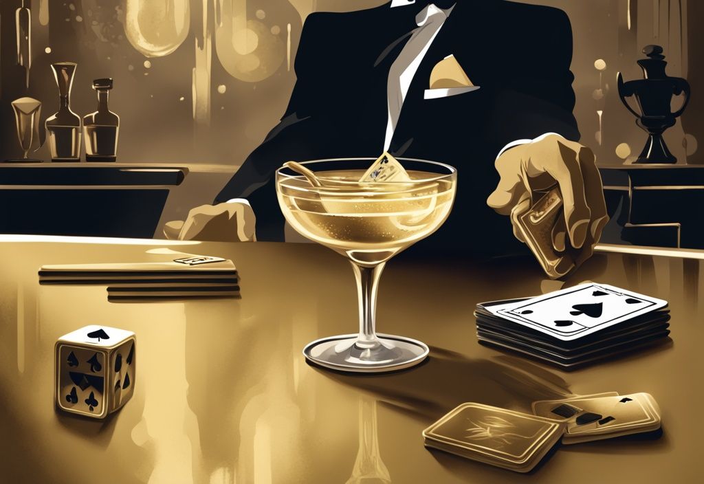 Vintage digitale Illustration in Goldtönen: Silberner Shaker gießt klassischen Wodka Martini in elegantes Cocktailglas, Spielkarten und James Bond Figur im Hintergrund.