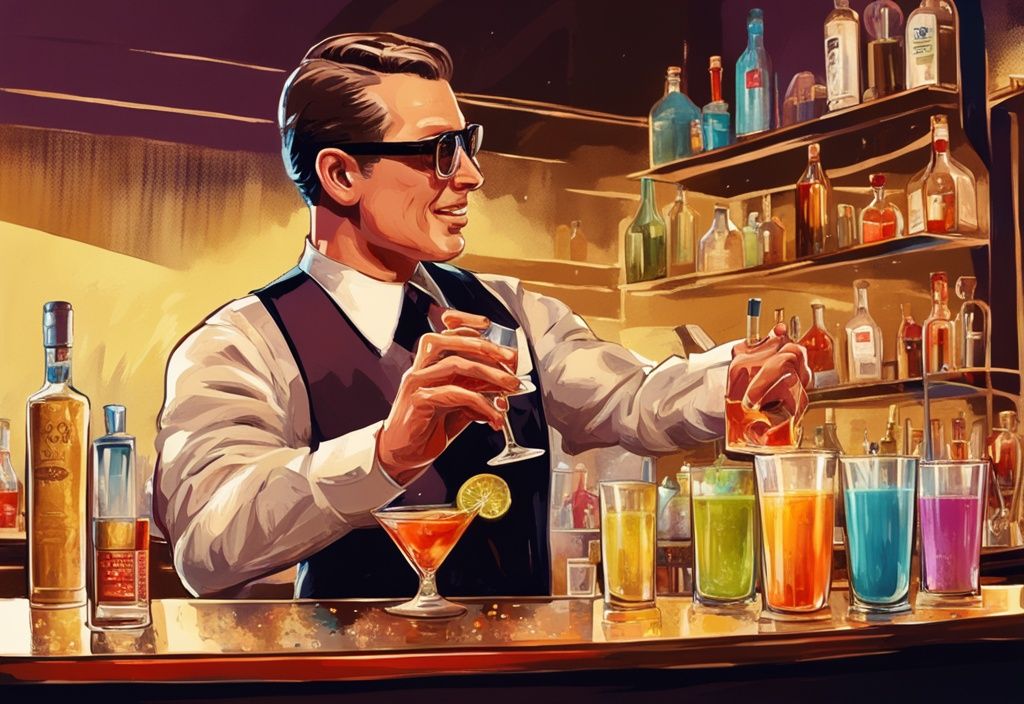 Vintage-Digitalgemälde mit goldener Farbthematik, bunte Cocktails in klaren Gläsern, im Hintergrund ein Barkeeper beim Einschenken von Wodka in einen Shaker.