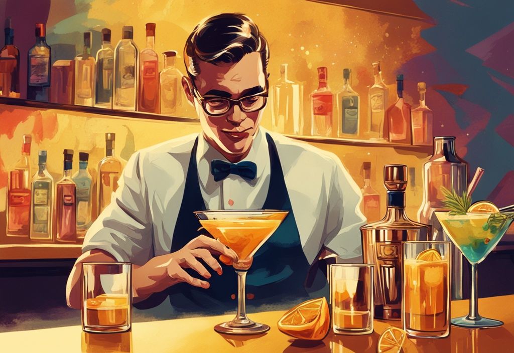 Vintage digitale Malerei mit goldenen Farbtönen, bunte Cocktails in klaren Gläsern, Barkeeper gießt Wodka in einen Shaker im Hintergrund.