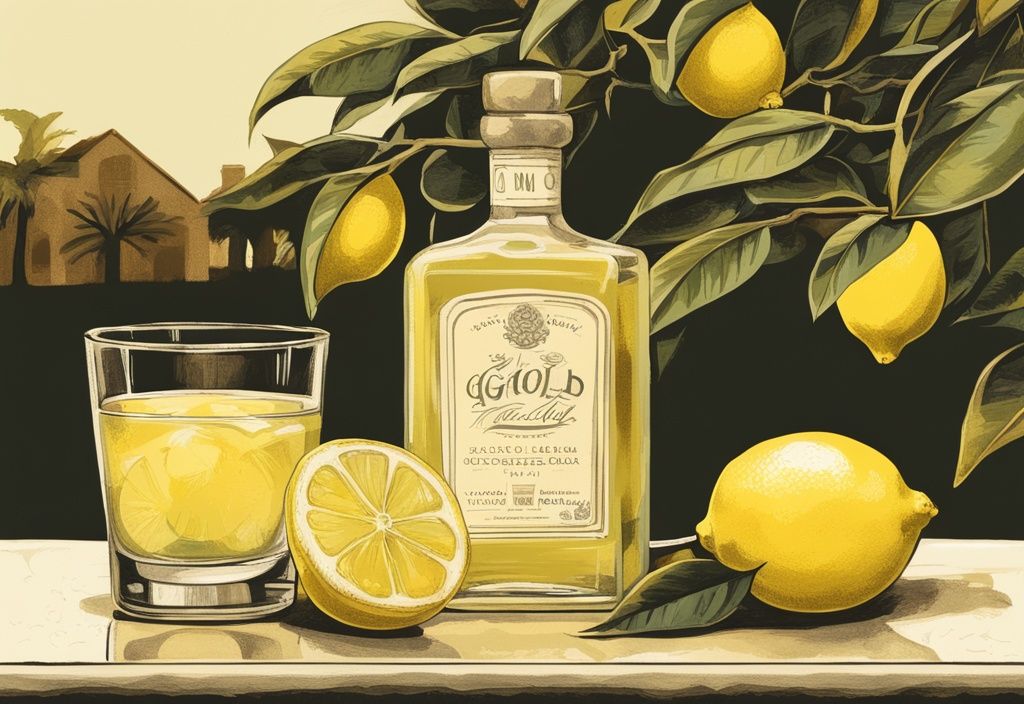 Vintage Digital Painting mit goldener Farbpalette, Limoncello- und Gin-Flaschen, gefüllten Gläsern im Vordergrund und einem lebhaften Zitronenbaum im Hintergrund.